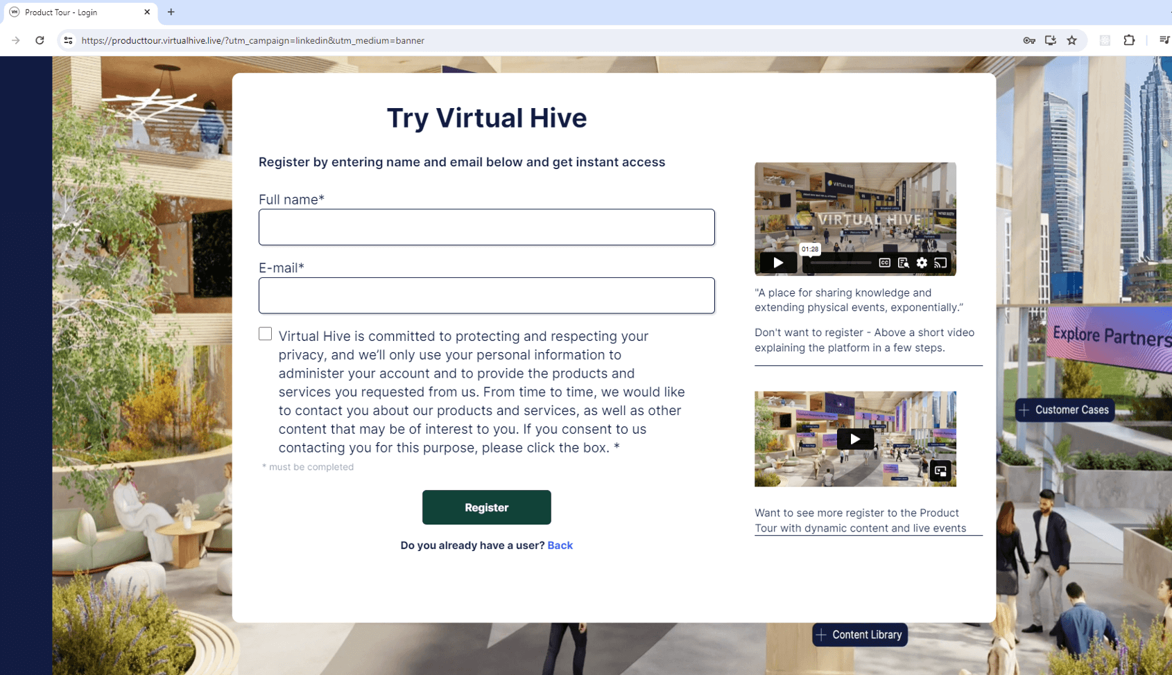 Frontend view of a Virtual Hive URL with UTM parametres